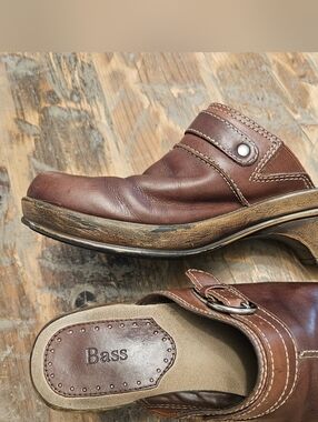 Bass Brown Leather Slip-On Clogs with Buckle Detail